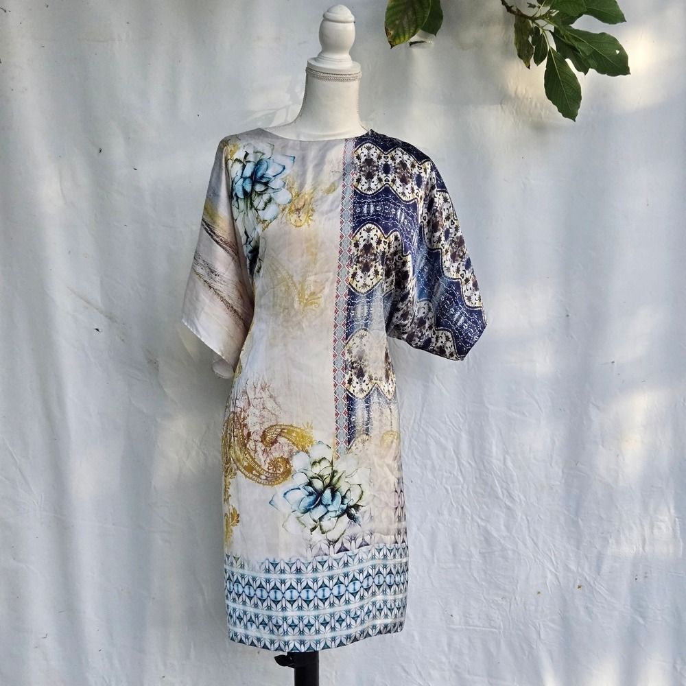 Chico's Asymmetrical Dress in Blue, Gold, and Cream
